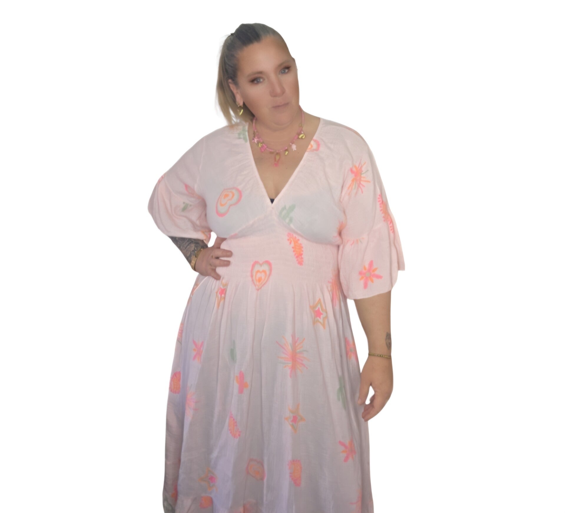 Lange jurk katoen. Roze patroon