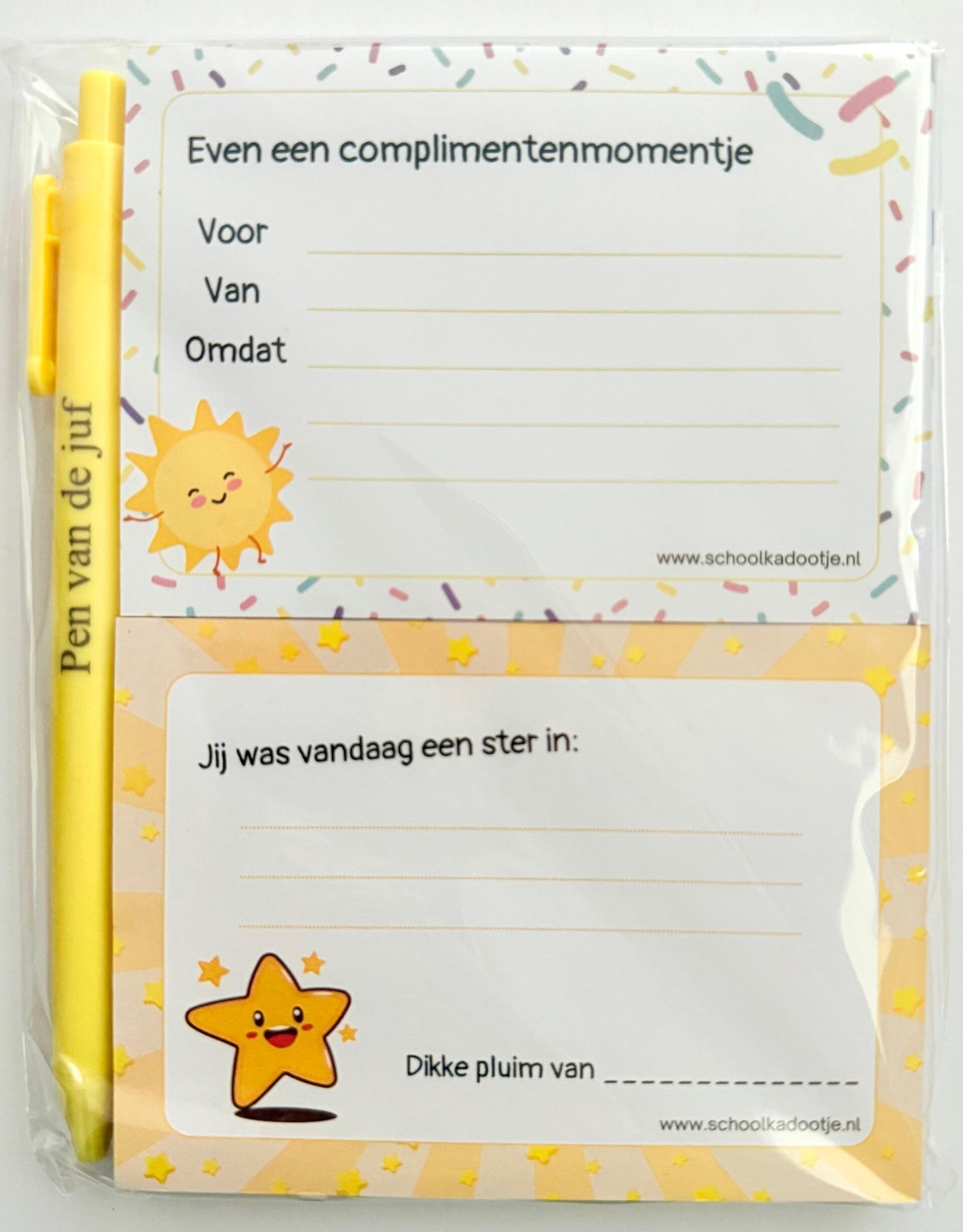 --> Complimentenblokjes 2 stuks | Pen van de juf geel