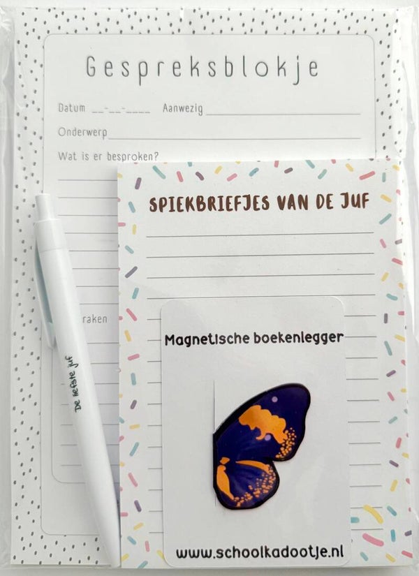 --> Gespreksblokje | Spiekbriefjes van de juf | Magnetische boekenlegger vlinder | Pen voor de juf