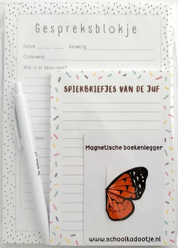 --> Gespreksblokje | Spiekbriefjes van de juf | Magnetische boekenlegger vlinder | Pen voor de juf
