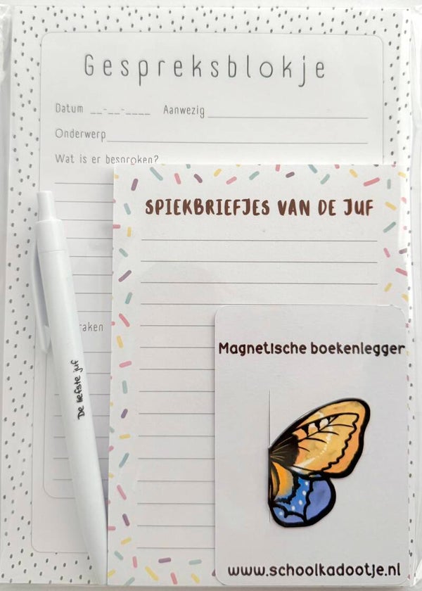 --> Gespreksblokje | Spiekbriefjes van de juf | Magnetische boekenlegger vlinder | Pen voor de juf