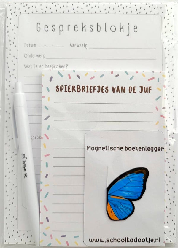 --> Gespreksblokje | Spiekbriefjes van de juf | Magnetische boekenlegger vlinder | Pen voor de juf