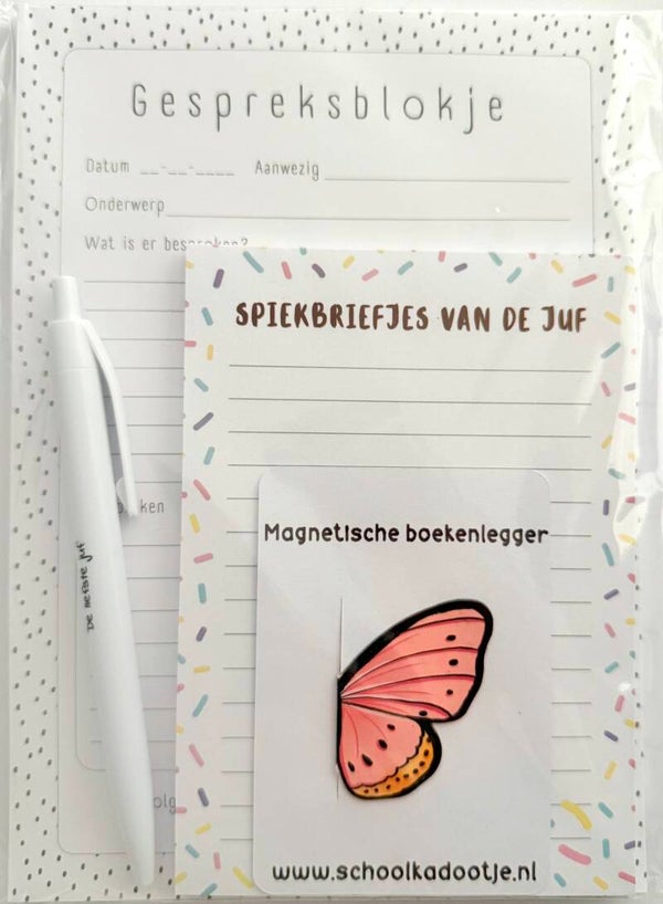 --> Gespreksblokje | Spiekbriefjes van de juf | Magnetische boekenlegger vlinder | Pen voor de juf