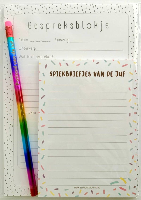 --> Gespreksblokje | Spiekbriefjes van de juf | Potlood van de juf regenboog