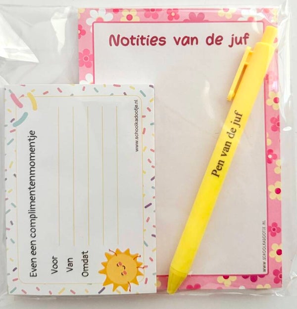 --> Notities van de juf | Complimentenblokje | Pen van de juf (meerdere kleuren)
