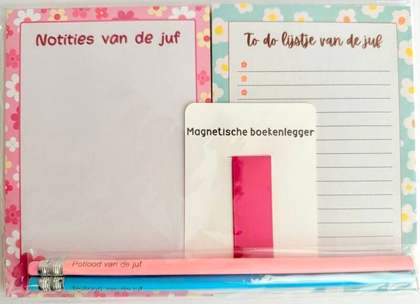 --> Notities van de juf | To do lijstje van de juf | Twee potloden van de juf | Magnetische boekenlegger