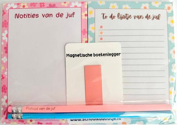 --> Notities van de juf | To do lijstje van de juf | Twee potloden van de juf | Magnetische boekenlegger