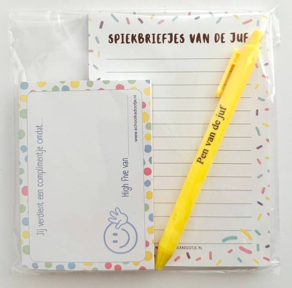 --> Spiekbriefje van de juf | Complimentenblokje | Pen van de juf (meerdere kleuren)