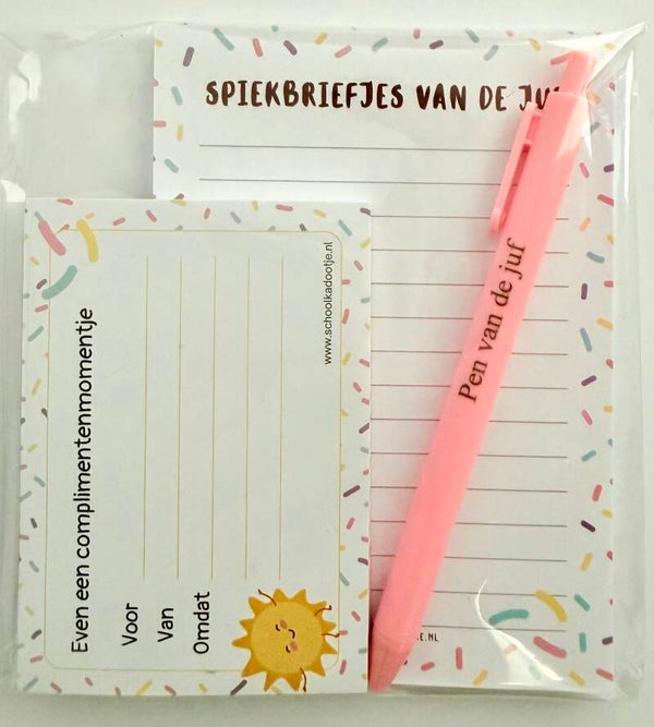 --> Spiekbriefjes van de juf | Complimentenblokje | Pen van de juf (meerdere kleuren)