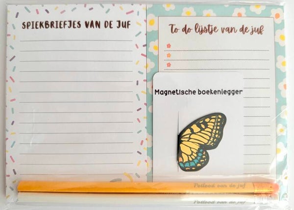 --> Spiekbriefjes van de juf | To do lijstje van de juf | Twee potloden van de juf | Magnetische boekenlegger