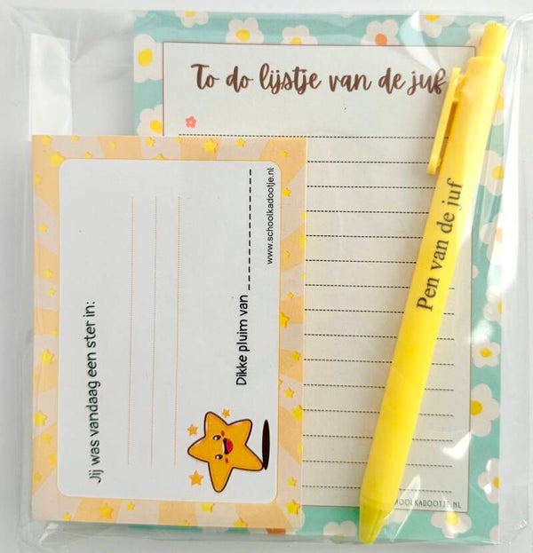 --> To do lijstje van de juf | Complimentenblokje | Pen van de juf geel