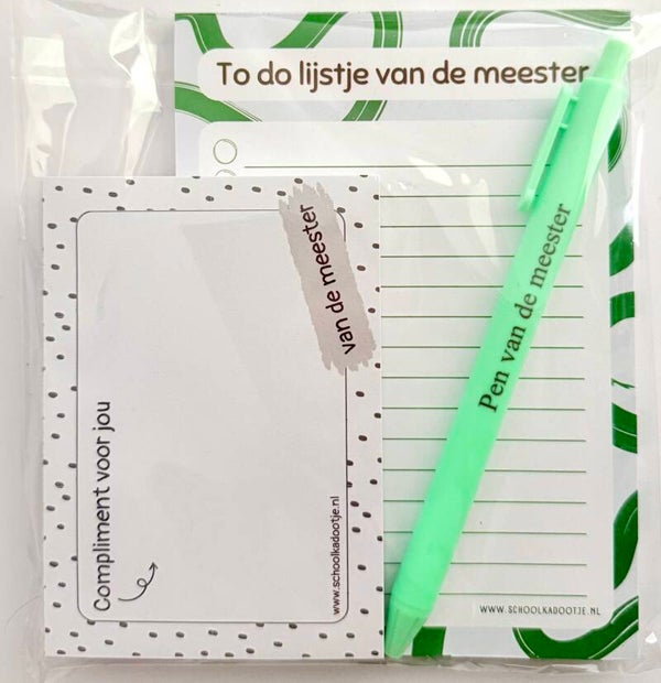 --> To do lijstje van de meester | Complimentenblokje meester | Pen van de meester groen
