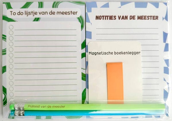 --> To do lijstje van de meester | Notities van de meester | Twee potloden van de meester | Magnetische boekenlegger