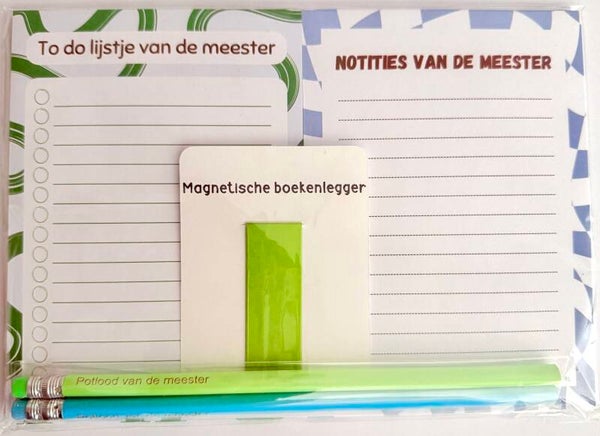 --> To do lijstje van de meester | Notities van de meester | Twee potloden van de meester | Magnetische boekenlegger