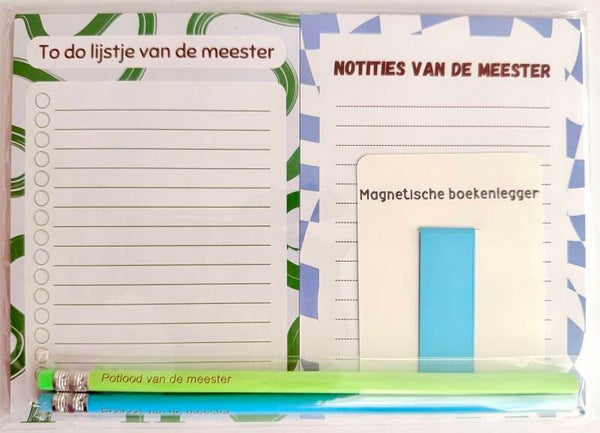 --> To do lijstje van de meester | Notities van de meester | Twee potloden van de meester | Magnetische boekenlegger