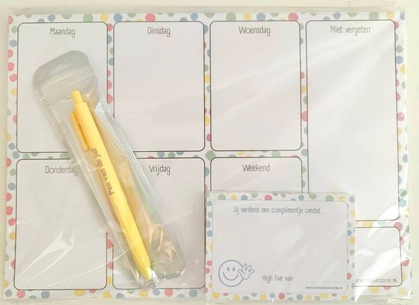 --> Weekplanner | Complimentenblokje | Pen van de juf (meerdere kleuren)