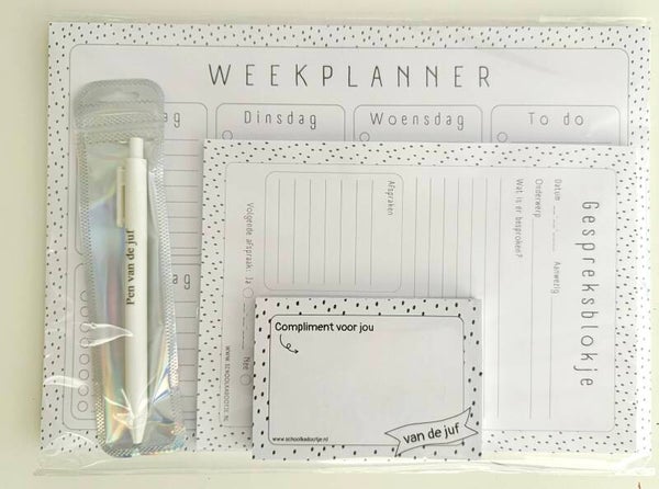 --> Weekplanner | Gespreksblokje | Complimentenblokje juf | Pen van de juf