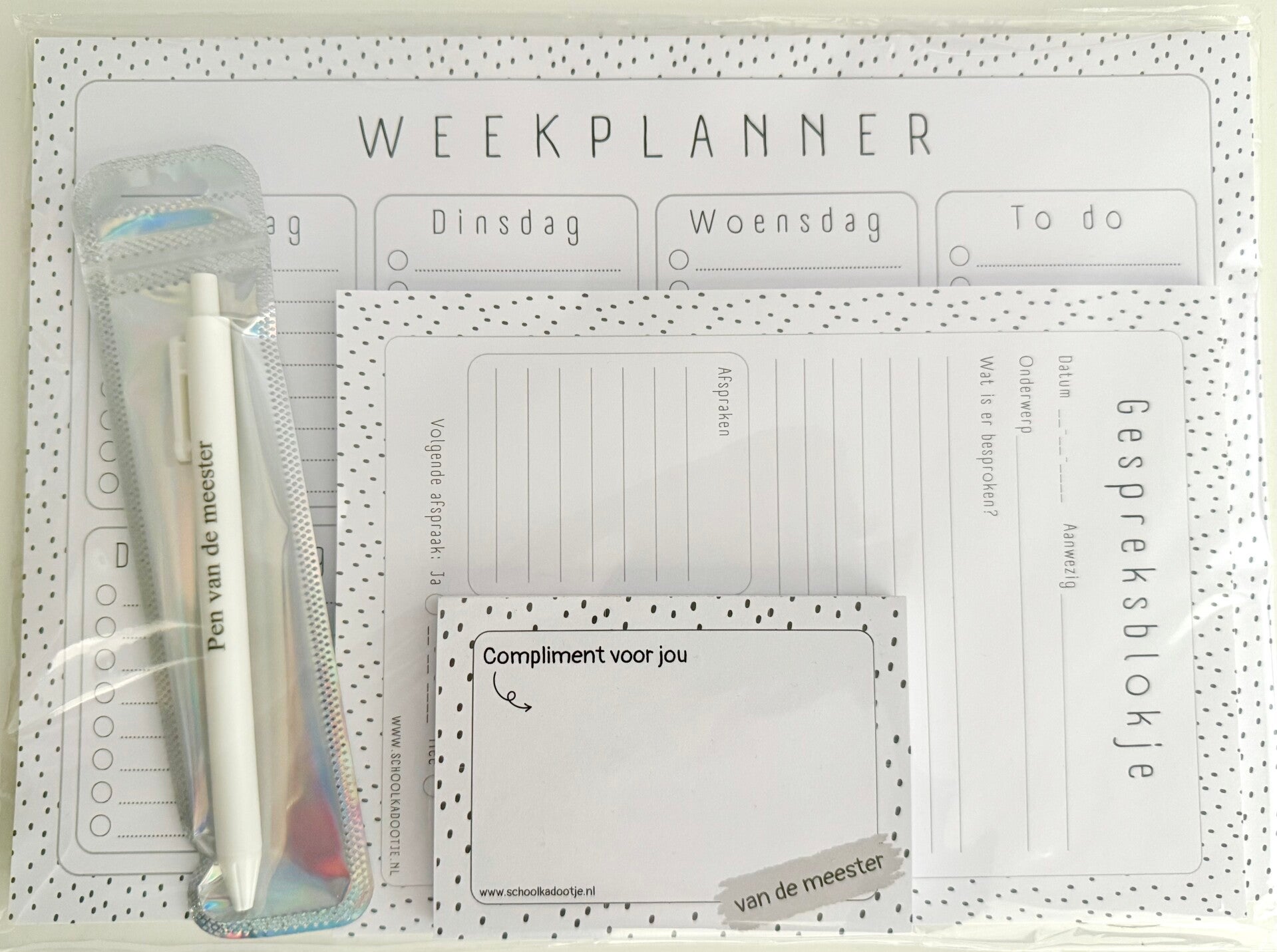 --> Weekplanner | Gespreksblokje | Complimentenblokje | Pen van de meester