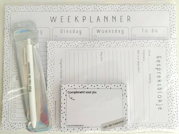 --> Weekplanner | Gespreksblokje | Complimentenblokje | Pen van de meester