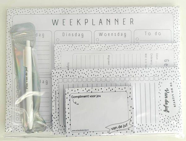 --> Weekplanner | Gespreksblokje | To do lijstje van de juf | Complimentenblokje | Pen van de juf