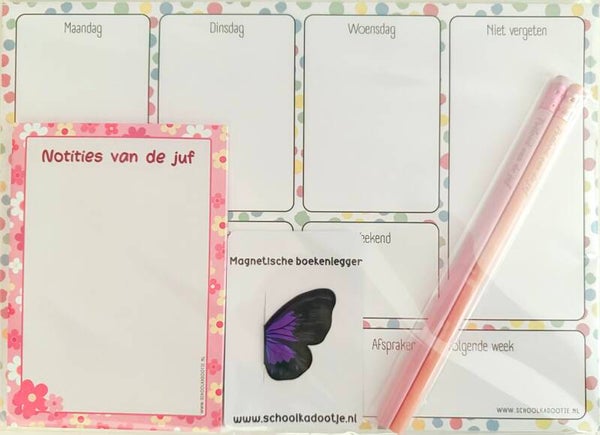 --> Weekplanner | Notities van de juf | magnetische boekenlegger vlinder | Twee potloden van de juf
