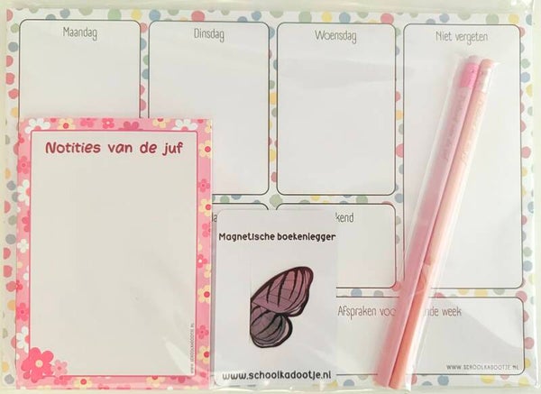 --> Weekplanner | Notities van de juf | magnetische boekenlegger vlinder | Twee potloden van de juf