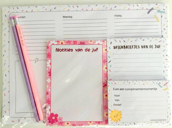 --> Weekplanner | Notities van de juf | Spiekbriefjes van de juf | Complimentenblokje | Twee potloden van de juf