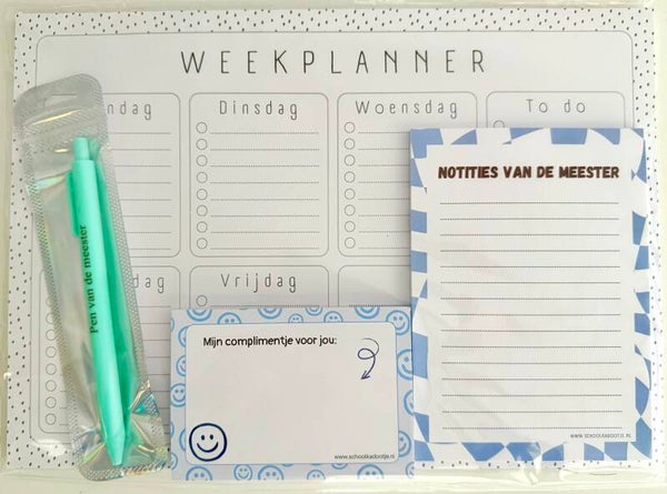 --> Weekplanner | Notities van de meester | Complimentenblokje | Pen van de meester