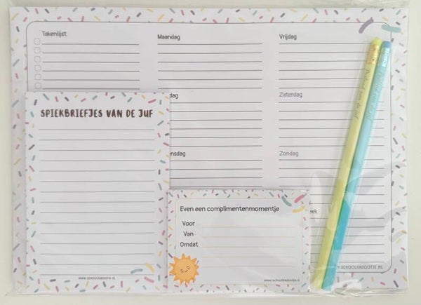 --> Weekplanner |Spiekbriefjes van de juf | Complimentenblokje | Twee potloden van de juf