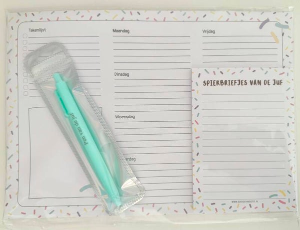 --> Weekplanner | Spiekbriefjes van de juf | Pen van de juf (meerdere kleuren)