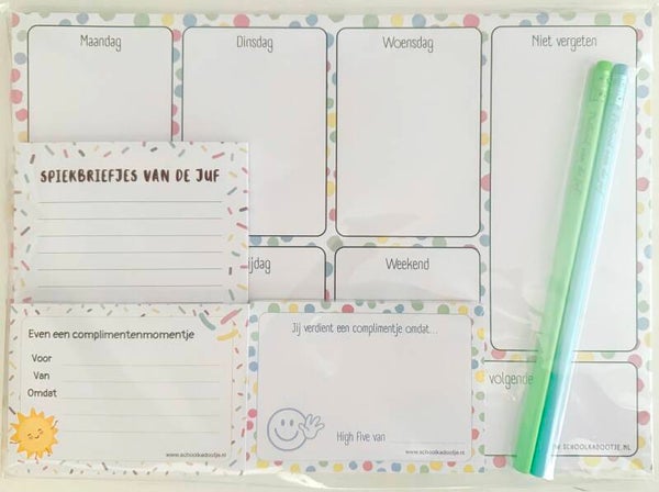 --> Weekplanner | Spiekbriefjes van de juf | Twee complimentenblokjes | Twee potloden van de juf