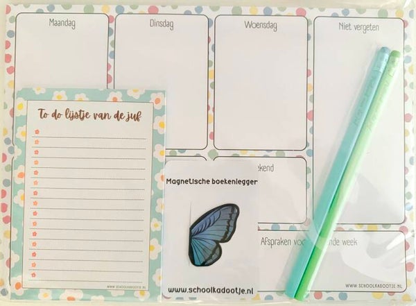 --> Weekplanner | To do lijstje van de juf | magnetische boekenlegger vlinder | Twee potloden van de juf