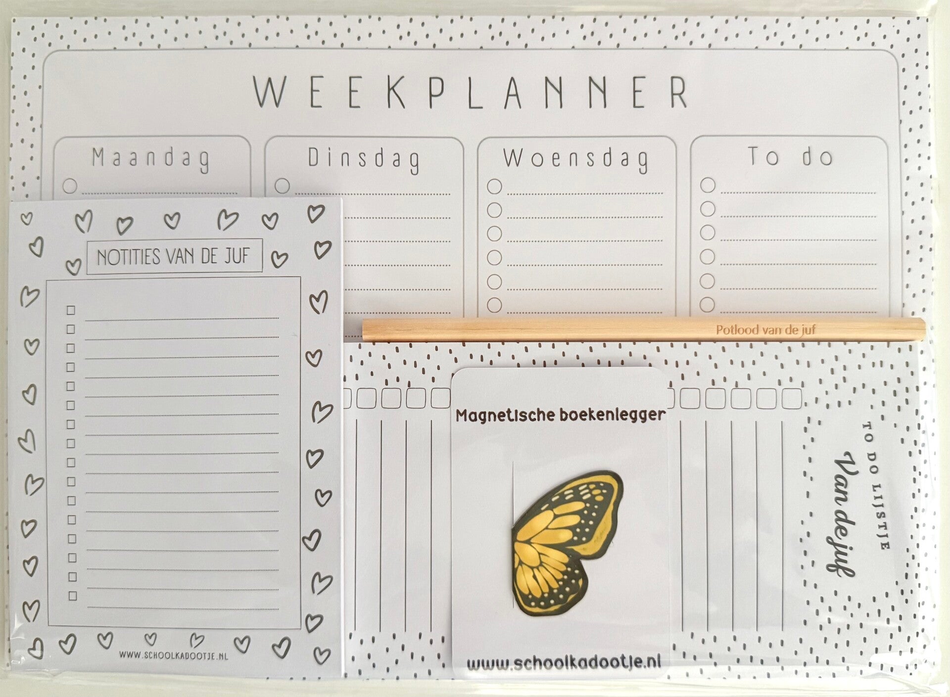 --> Weekplanner | To do lijstje van de juf | Notities van de juf | Magnetische boekenlegger vlinder | Potlood van de juf