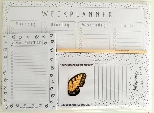 --> Weekplanner | To do lijstje van de juf | Notities van de juf | Magnetische boekenlegger vlinder | Potlood van de juf