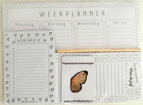 --> Weekplanner | To do lijstje van de juf | Notities van de juf | Magnetische boekenlegger vlinder | Potlood van de juf