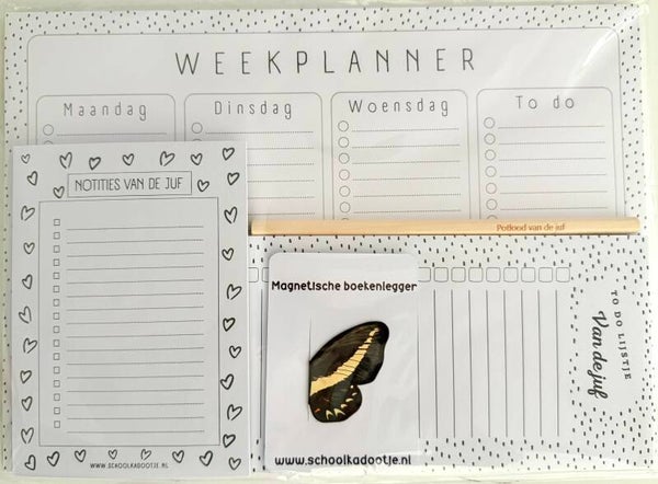 --> Weekplanner | To do lijstje van de juf | Notities van de juf | Magnetische boekenlegger vlinder | Potlood van de juf