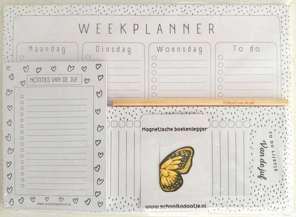 --> Weekplanner | To do lijstje van de juf | Notities van de juf | Magnetische boekenlegger vlinder | Potlood van de juf