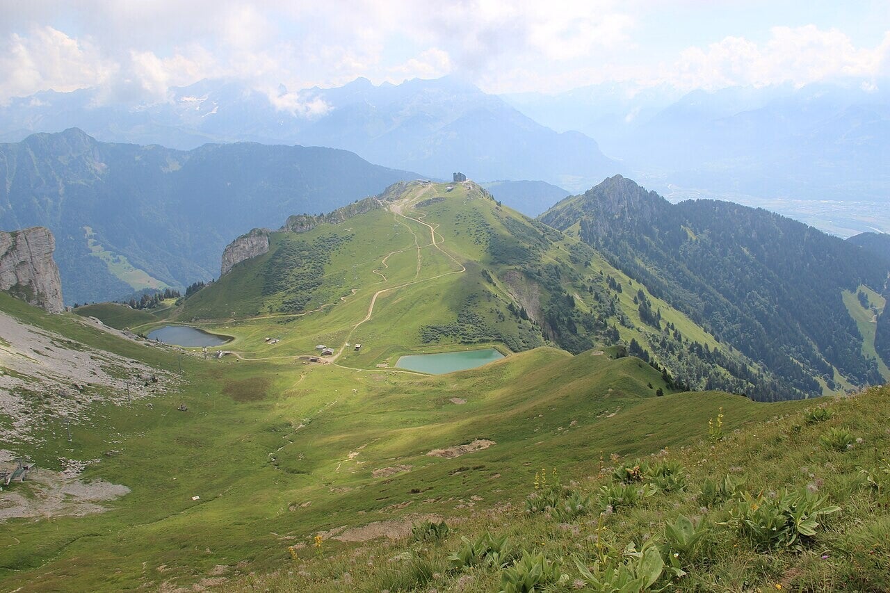 Paysage alpin vu depuis un sommet herbeux