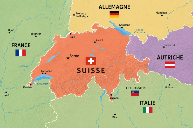 Carte de la Suisse avec payes frontaliers