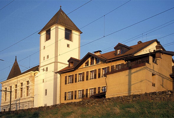 Château médiéval dominant un bourg historique