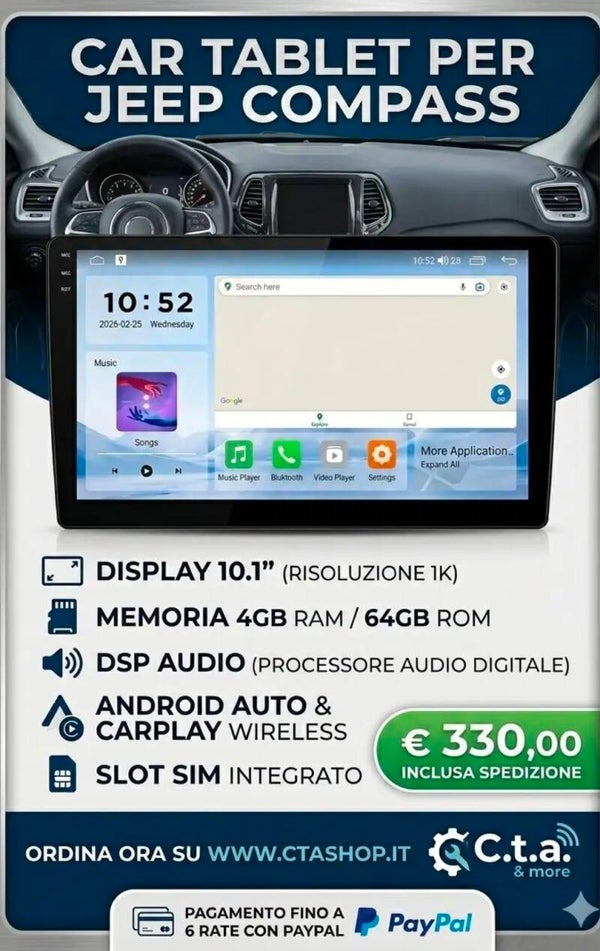 Car Tablet per Jeep Compass 4/64gb (Cpu 2.0 ghz, 7862 - 1K)