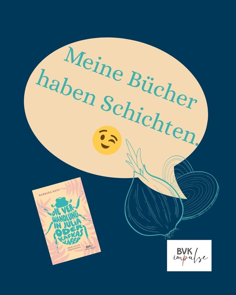 Text: Meine Bücher haben Schichten+ Buchcover + Logo BVK impulse