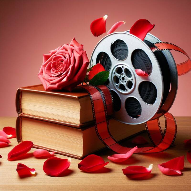 kigeneriertes Bild mit einer Filmrolle und Büchern sowie Rosenblättern