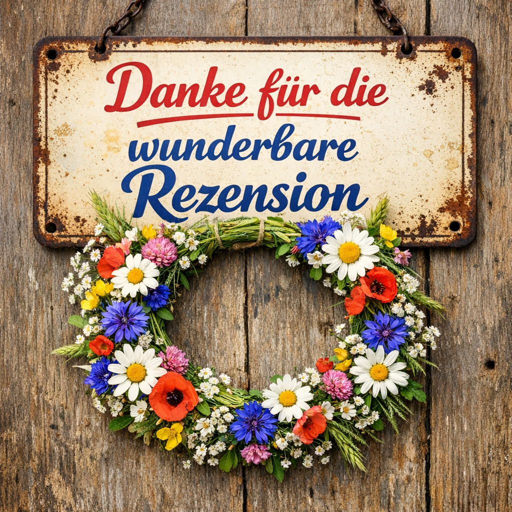 Schild mit der Aufschrift "Danke für die wunderbare Rezension", an dem ein Blumenkranz hängt"