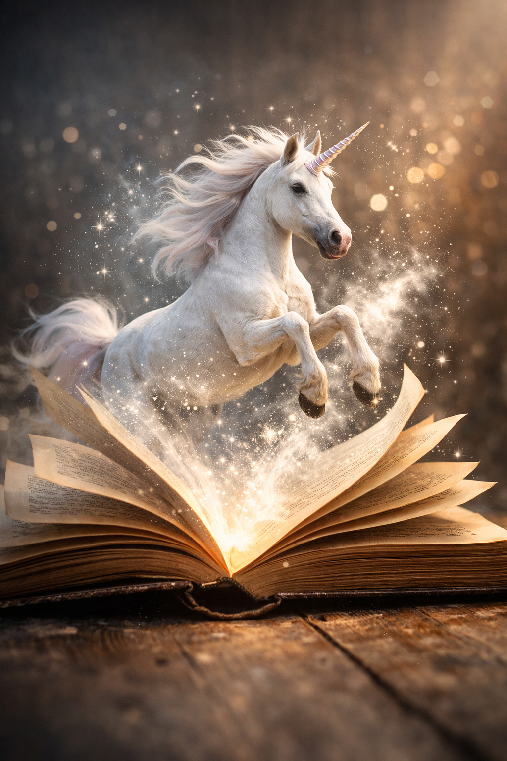 ki-generiertes Foto Foto von einem Einhorn, das aus den Seiten eines Buches herausspringt