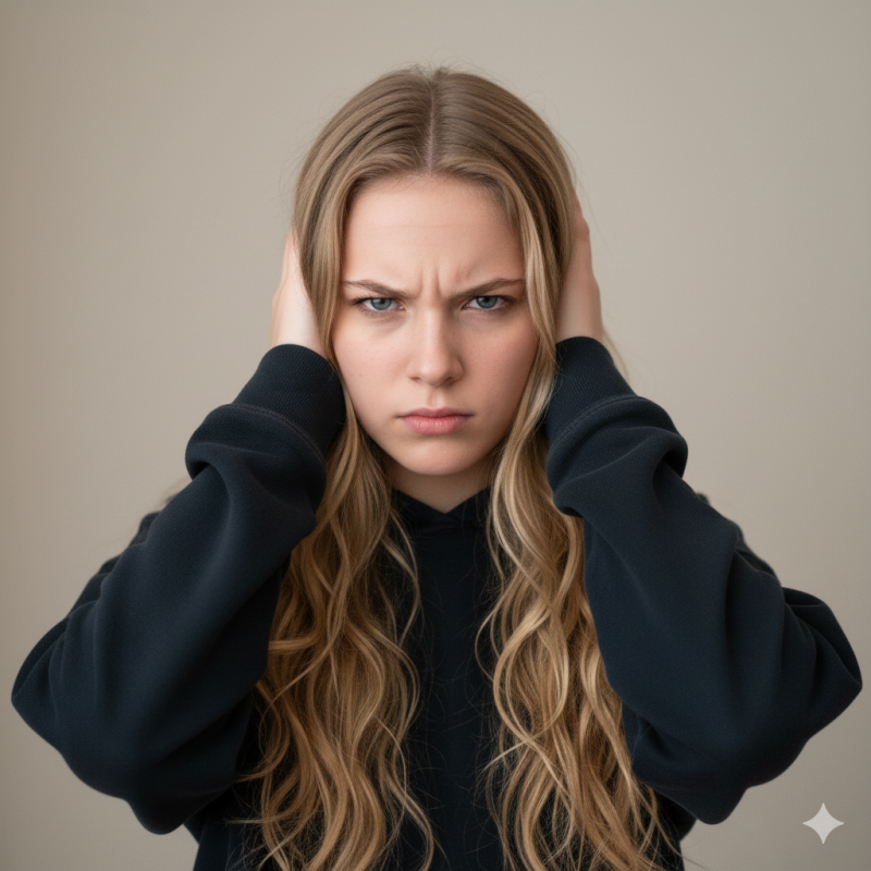 Junges Mädchen hält sich mit beiden Händen die Ohren zu: Weghören.