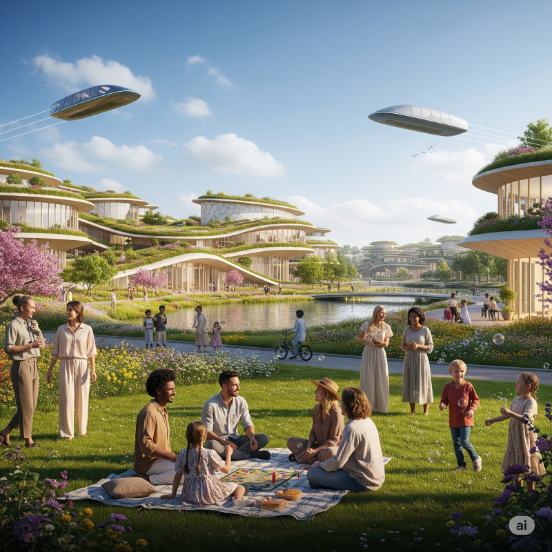 KI generiertes fotorealistisches BIld einer utopischen Stadt mit glücklichen Menschen und futuristischen Gebäuden und Fahrzeugen