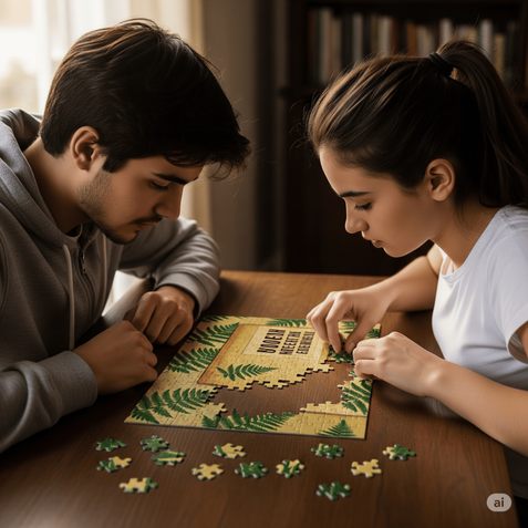 Foto mit jungem MAnn + einer jungen FRau, die gemeinsam an einem Puzzle arbeiten