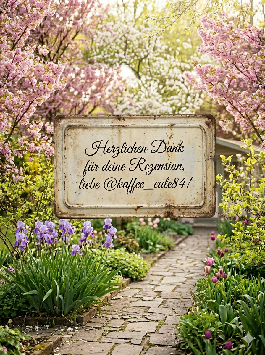 Schild mit einem blühenden Garten im Hintergrund und der Aufschrift: Herzlichen Dank für deine Rezension, liebe  kaffee_eule84 als Dankeschön für 5 Sterne bei der Vorstellung des Romans "Die Verwandlung in Julia oder Kafkas Käfer"