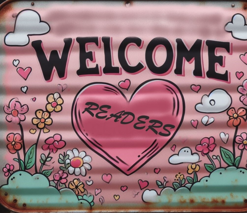 Schild mit Text: Welcome Readers und rosa Herzchen sowie Blumen